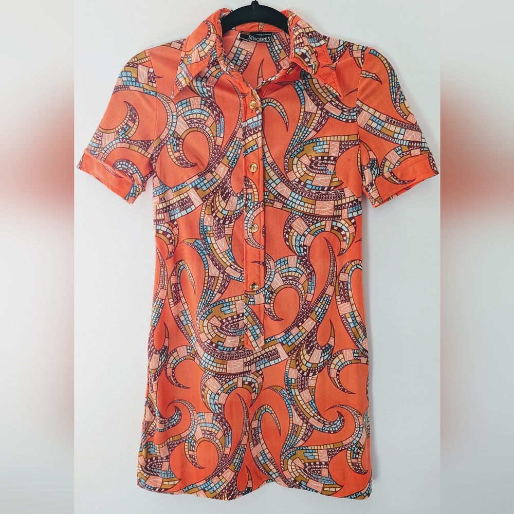 Sincere's - Vintage Print 70s Orange Mini Dress - Size 2